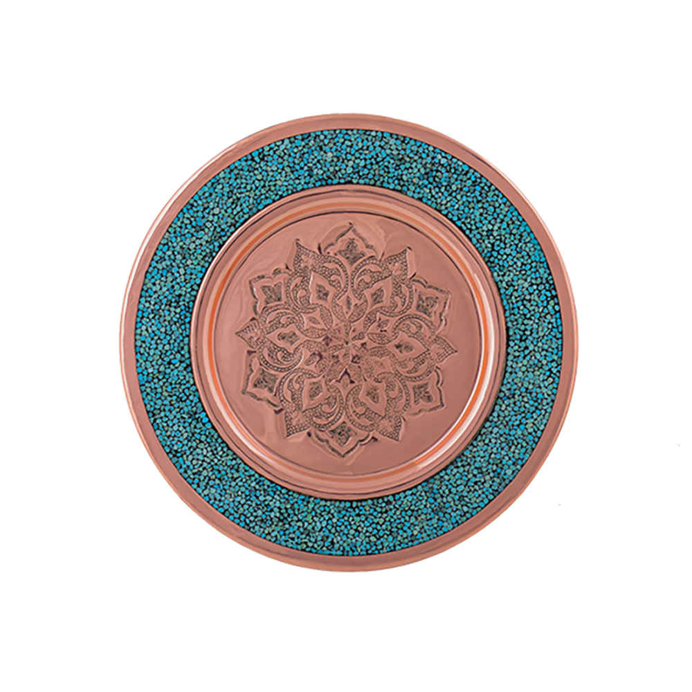 Assiette en Cuivre Iranienne Incrustée de Turquoise Modèle Sahel