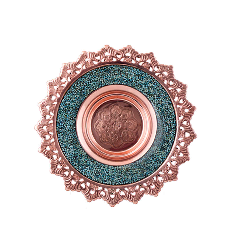 Assiette en Cuivre Iranienne Incrustée de Turquoise Modèle Ziba