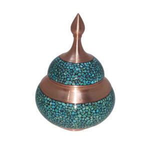 Sucrier persan artisanal en cuivre incrusté de turquoise Arshia