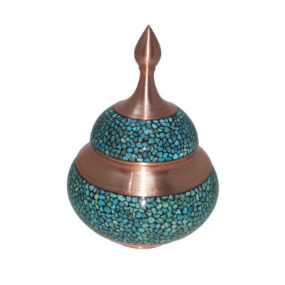 Sucrier persan artisanal en cuivre incrusté de turquoise Arshia
