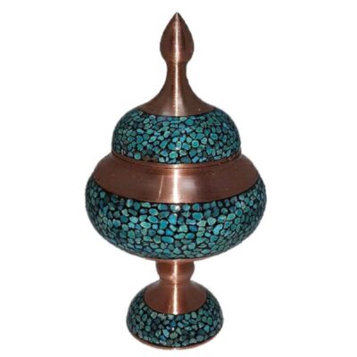 Sucrier persan artisanal en cuivre incrusté de turquoise À pied