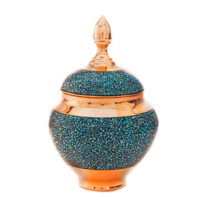 Sucrier persan artisanal en cuivre incrusté de turquoise Zarin