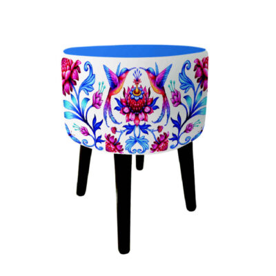 Pouf rond en velours avec pieds en bois inspiré de l’art persan bleu Arad