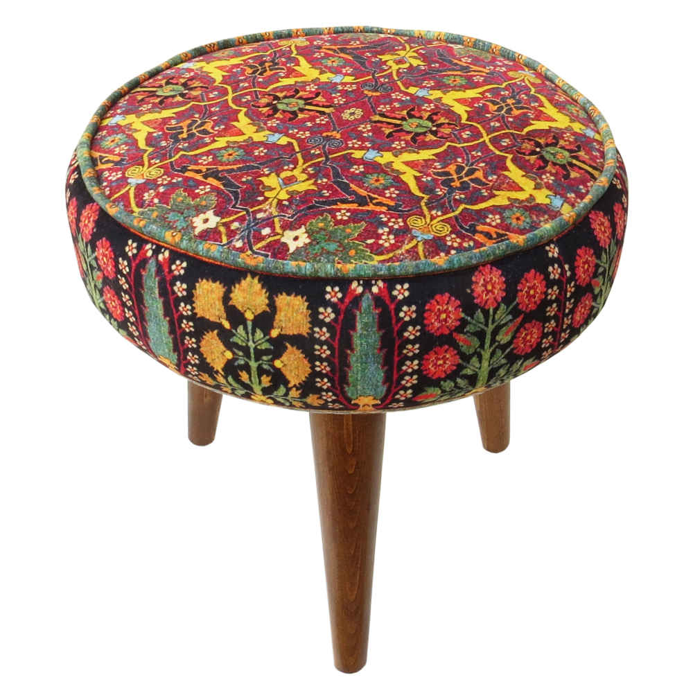 Pouf persan traditionnel avec pieds en bois et tissu en velours Baran