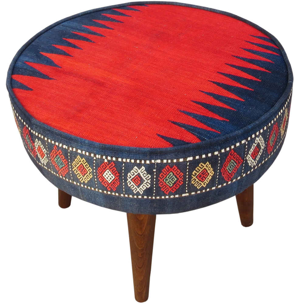 Pouf persan rouge traditionnel avec pieds en bois et tissu en velours bleu marine Farsh