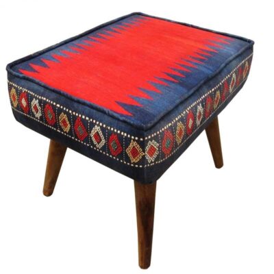 Pouf persan traditionnel avec pieds en bois et tissu en velours bleu marine