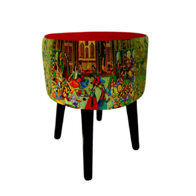 Pouf rond en velours avec pieds en bois inspiré de l’art persan rouge Raghs
