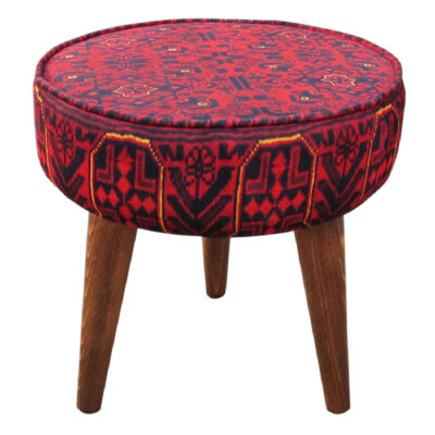 Pouf persan rouge traditionnel avec pieds en bois et tissu en velours Sorkh