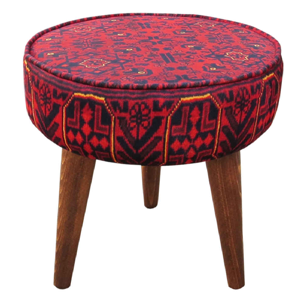 Pouf persan rouge traditionnel avec pieds en bois et tissu en velours Sorkh