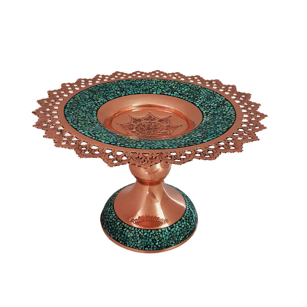 Plat sur Piédestal en Cuivre Incrusté de Turquoise Modèle Hoor