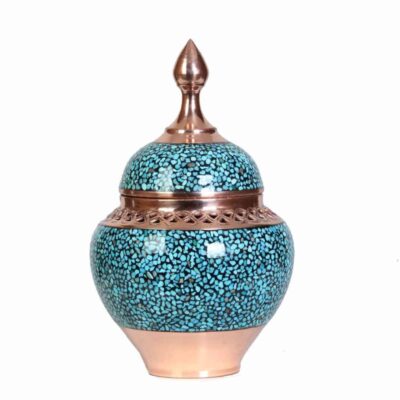 Sucrier persan artisanal en cuivre incrusté de turquoise Moshabak