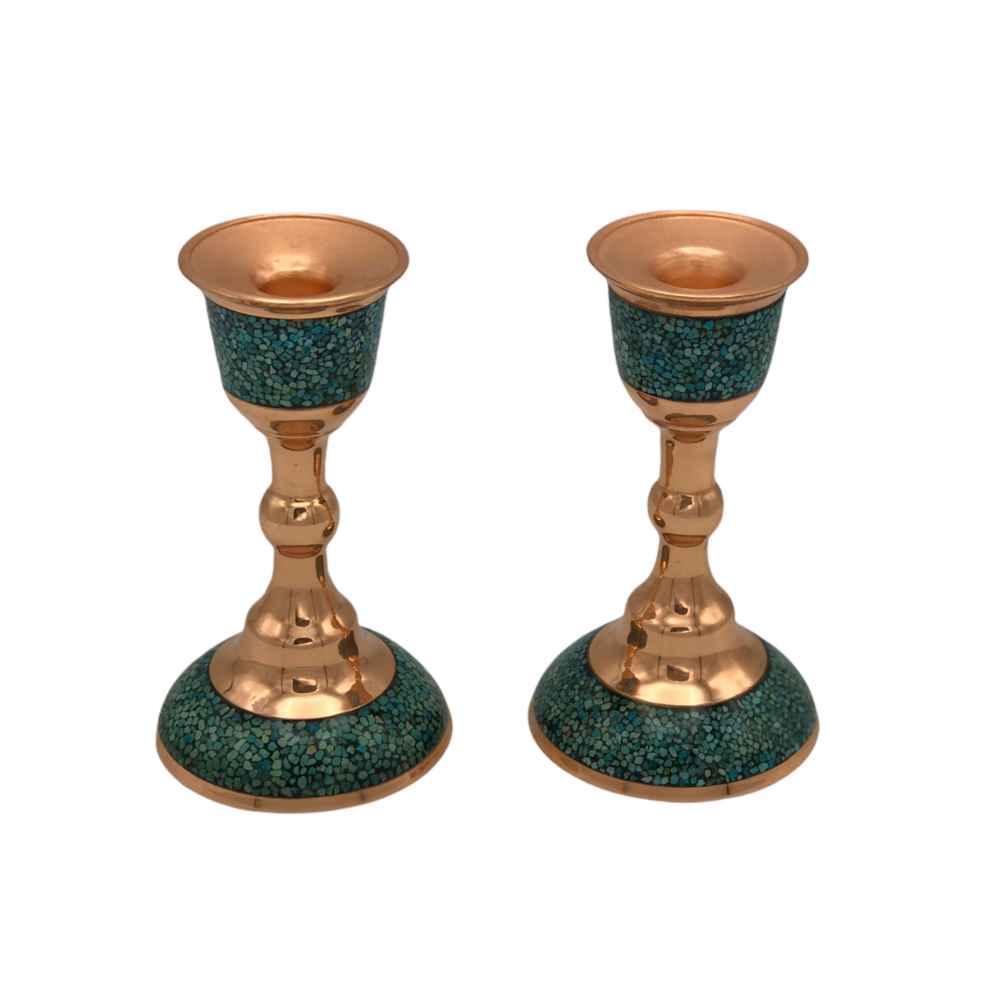 Bougeoir en cuivre persan fait à la main - Design incrusté de turquoise - Laleh (2x)