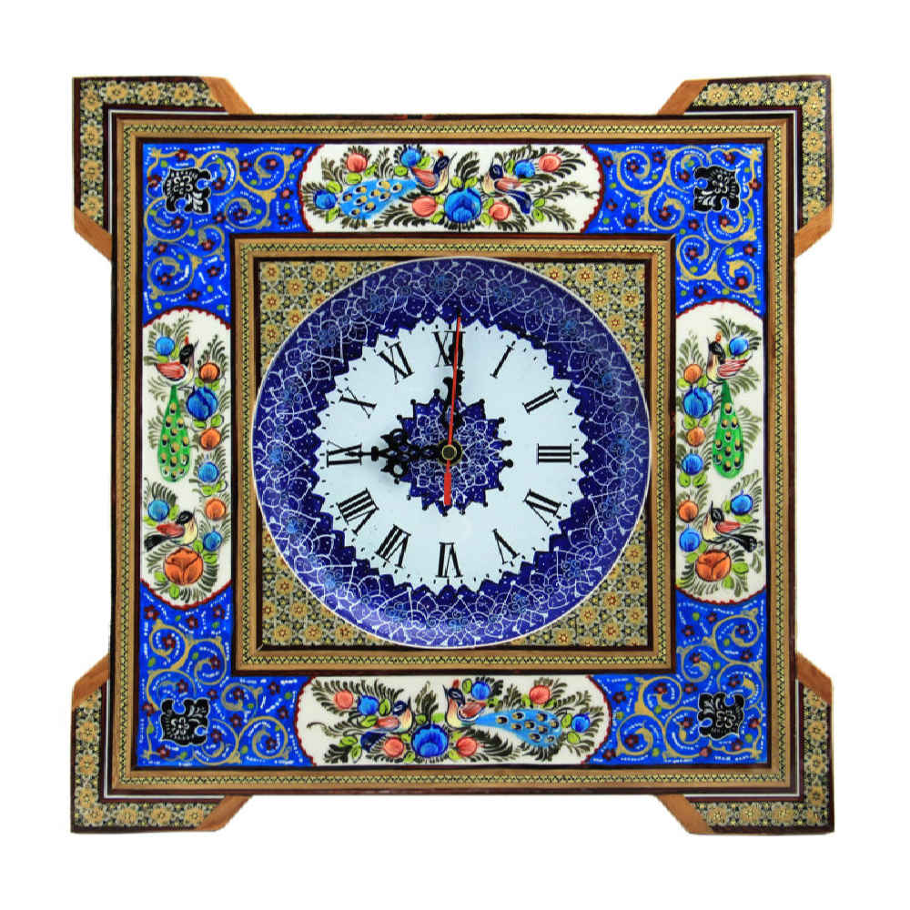 Horloge murale en bois persane artisanale - Art du marqueterie Khatam, Anisa
