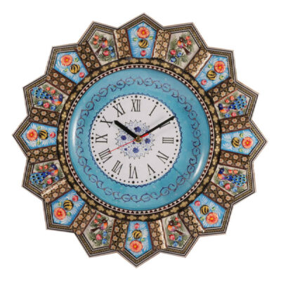 Horloge murale en bois persane artisanale – Art du marqueterie Khatam, Armaghan