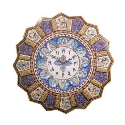 Horloge murale en bois persane artisanale – Art du marqueterie Khatam, Katayoon