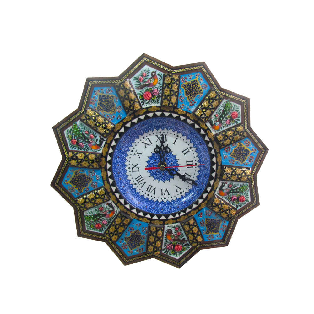 Horloge murale en bois persane artisanale - Art du marqueterie Khatam, Baran