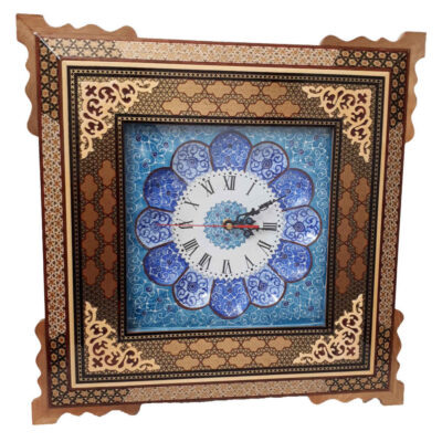 Horloge murale en bois persane artisanale – Art du marqueterie Khatam, Bina