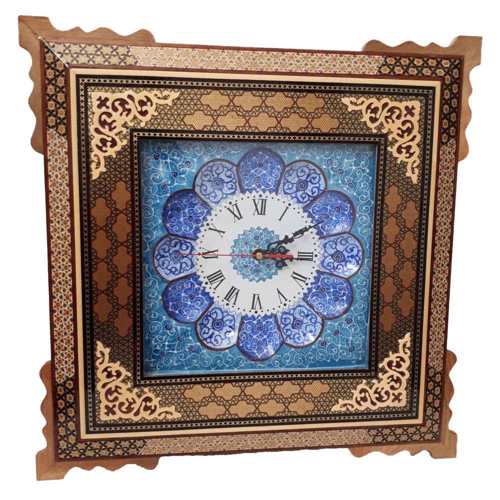 Horloge murale en bois persane artisanale - Art du marqueterie Khatam, Bina