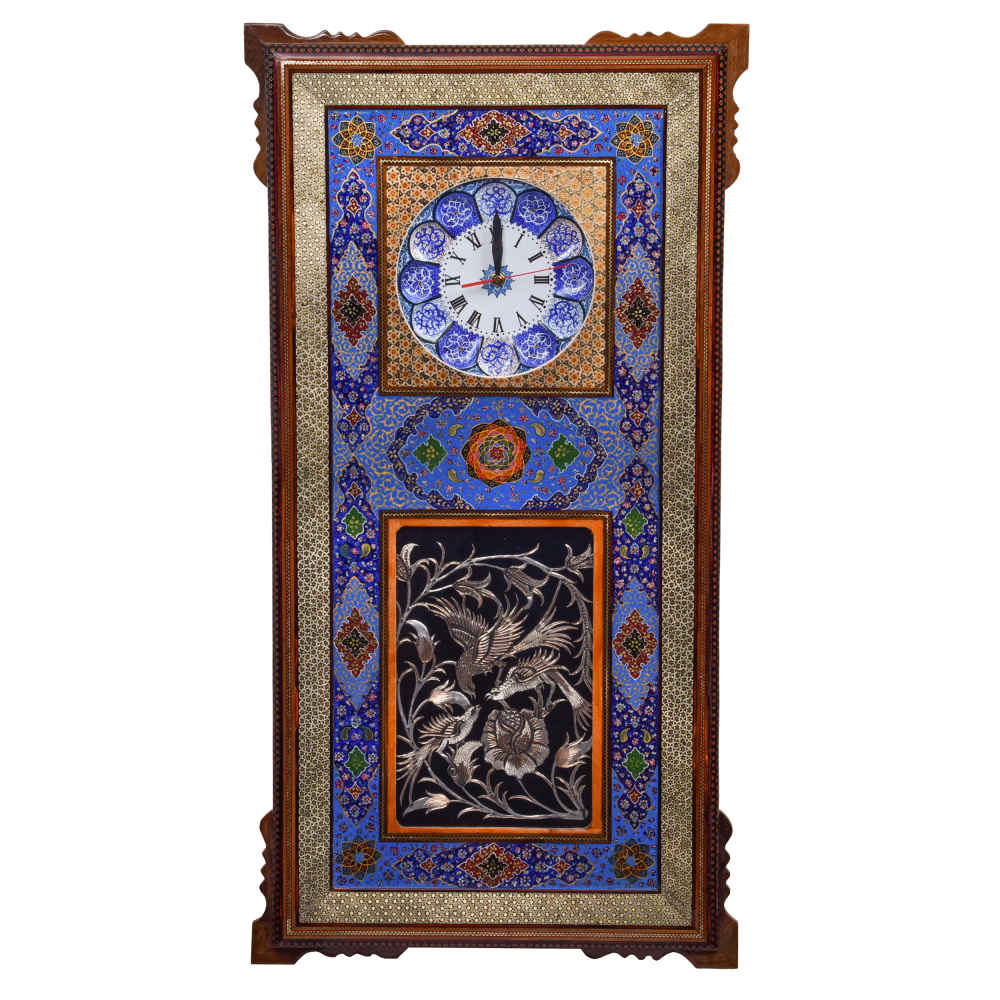 Horloge murale en bois persane artisanale - Art du marqueterie Khatam, Diba