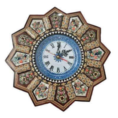 Horloge murale en bois persane artisanale – Art du marqueterie Khatam, Elena