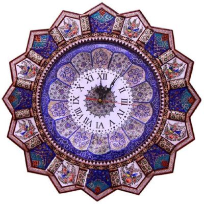 Horloge murale en bois persane artisanale – Art du marqueterie Khatam, Yara
