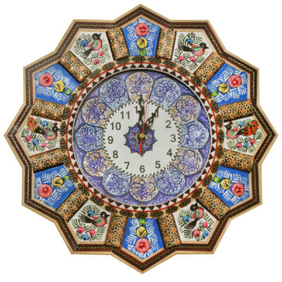 Horloge murale en bois persane artisanale – Art du marqueterie Khatam, Elma