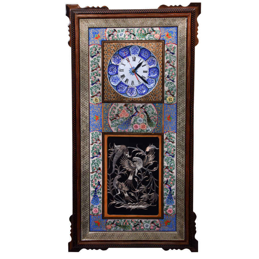 Horloge murale en bois persane artisanale - Art du marqueterie Khatam, Golban