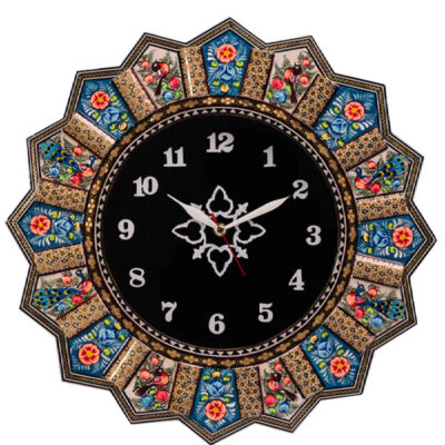 Horloge murale en bois persane artisanale – Art du marqueterie Khatam, Hana