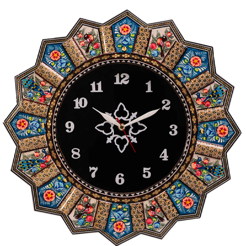 Horloge murale en bois persane artisanale - Art du marqueterie Khatam, Hana