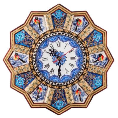 Horloge murale en bois persane artisanale – Art du marqueterie Khatam, Khorshidi