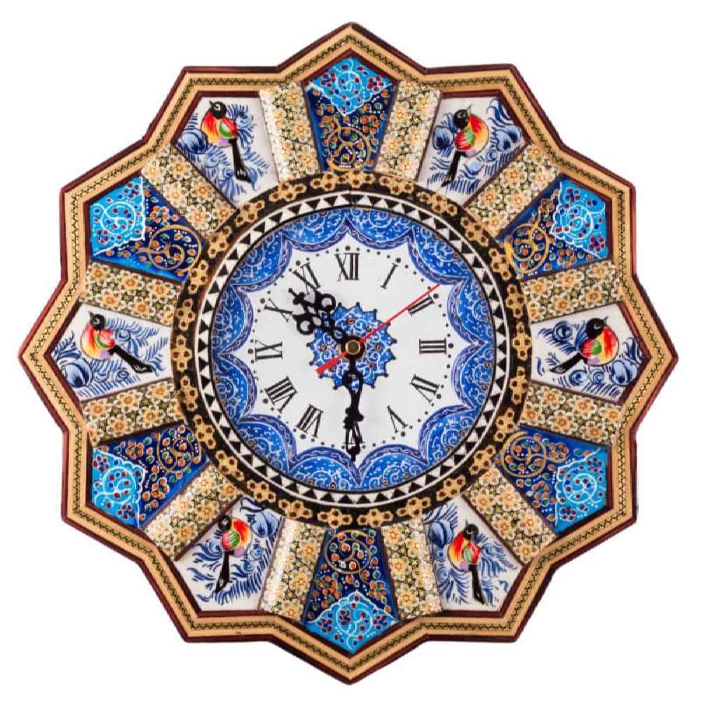 Horloge murale en bois persane artisanale - Art du marqueterie Khatam, Khorshidi