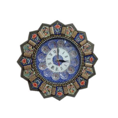 Horloge murale en bois persane artisanale – Art du marqueterie Khatam, Razieh