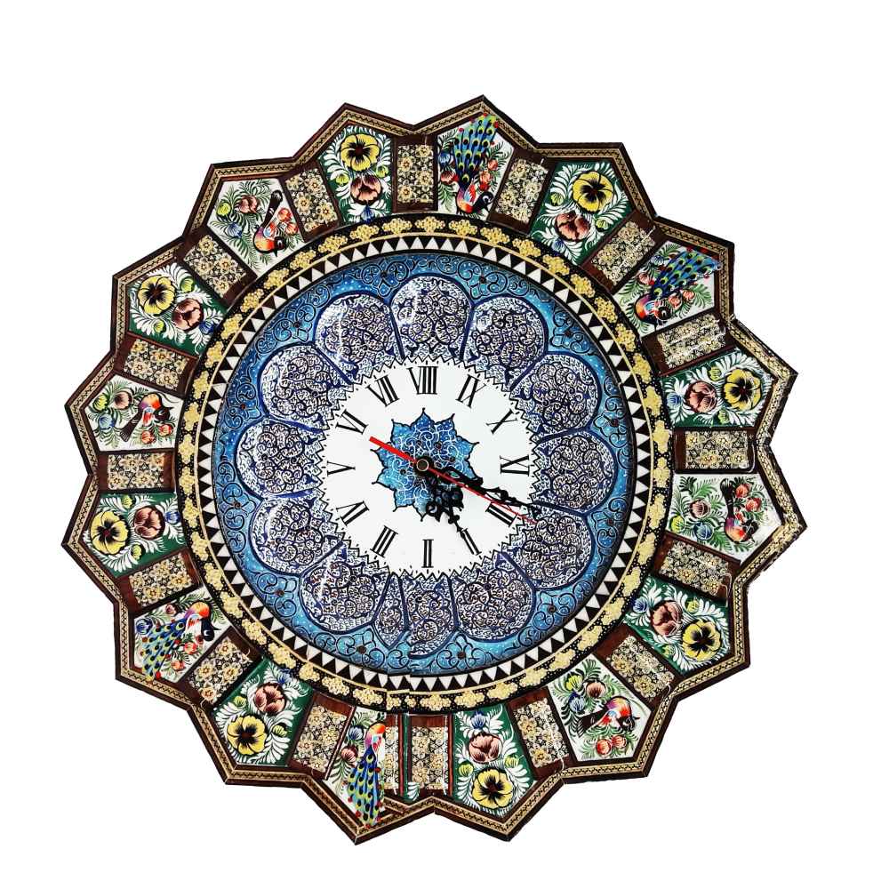 Horloge murale en bois persane artisanale - Art du marqueterie Khatam, Laya
