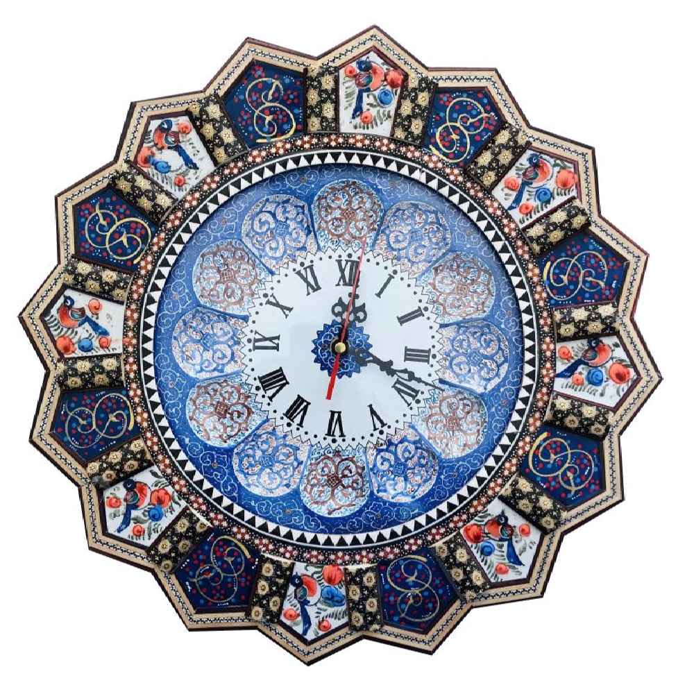 Horloge murale en bois persane artisanale - Art du marqueterie Khatam, Lila