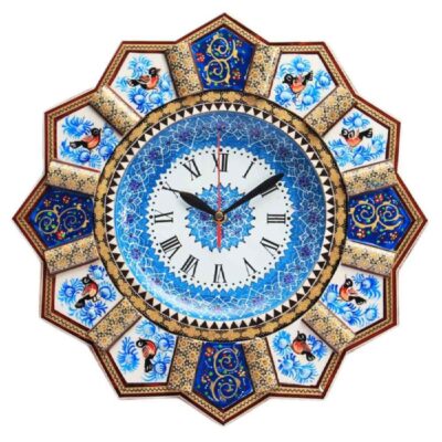 Horloge murale en bois persane artisanale – Art du marqueterie Khatam, Mahsa