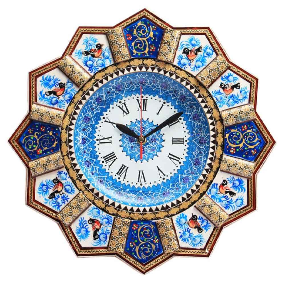 Horloge murale en bois persane artisanale - Art du marqueterie Khatam, Mahsa