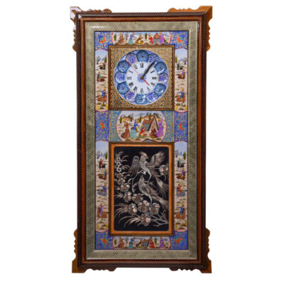 Horloge murale en bois persane artisanale – Art du marqueterie Khatam, Majles