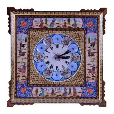 Horloge murale en bois persane artisanale – Art du marqueterie Khatam, Nafas