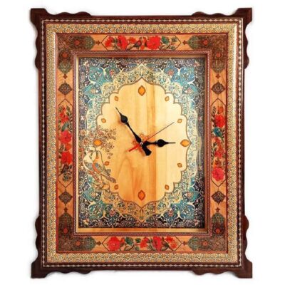 Horloge murale en bois persane artisanale – Art du marqueterie Khatam, Naghashi
