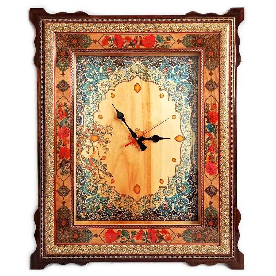 Horloge murale en bois persane artisanale - Art du marqueterie Khatam, Naghashi