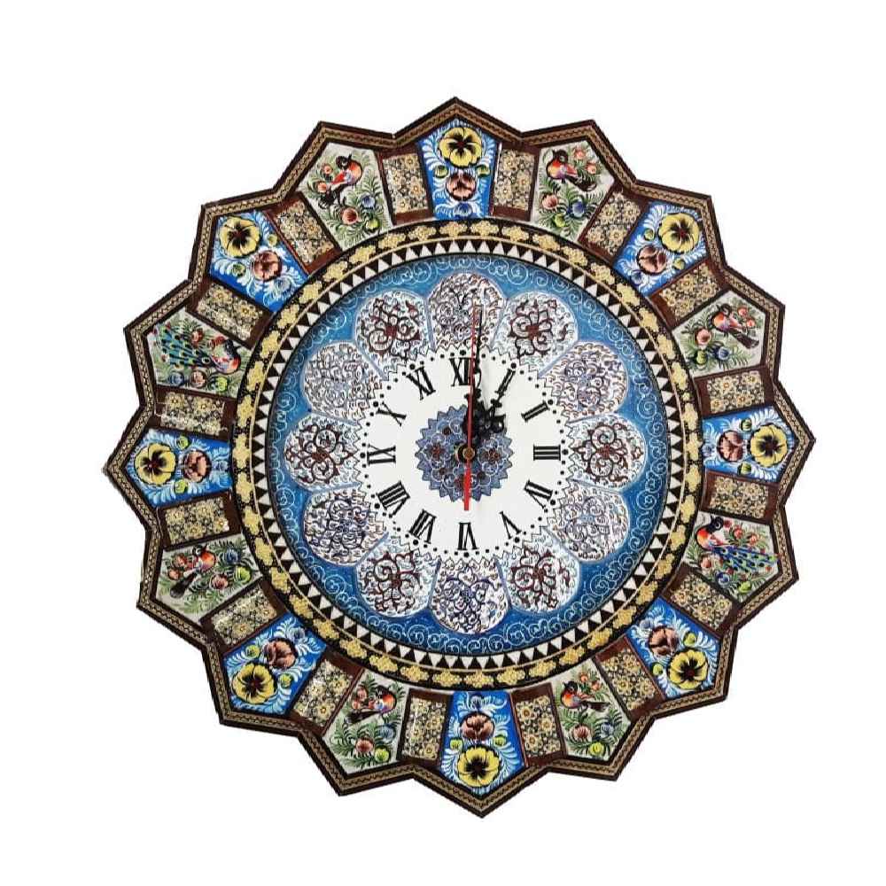 Horloge murale en bois persane artisanale - Art du marqueterie Khatam, Nahal