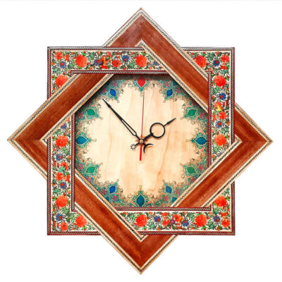 Horloge murale en bois persane artisanale – Art du marqueterie Khatam, Narenji