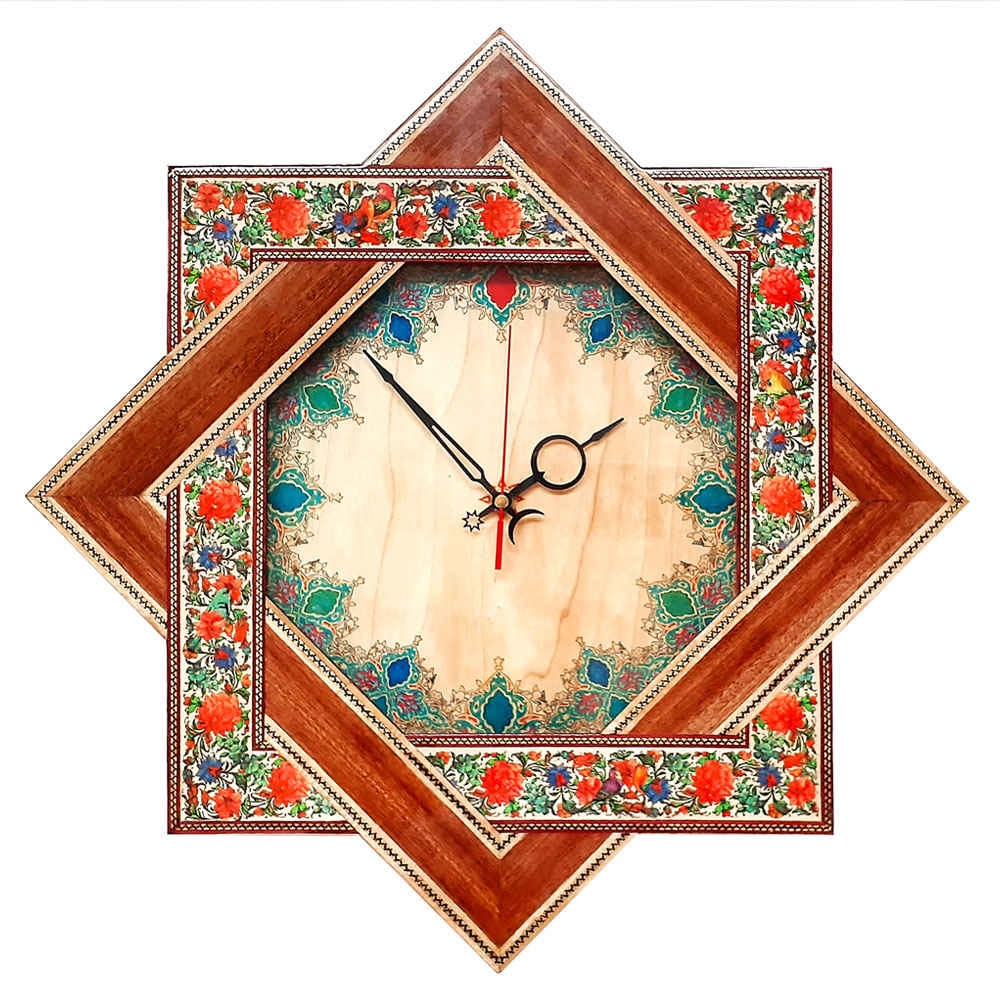 Horloge murale en bois persane artisanale - Art du marqueterie Khatam, Narenji