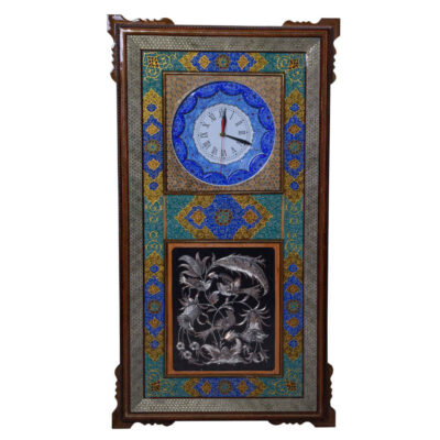 Horloge murale en bois persane artisanale – Art du marqueterie Khatam, Nargol