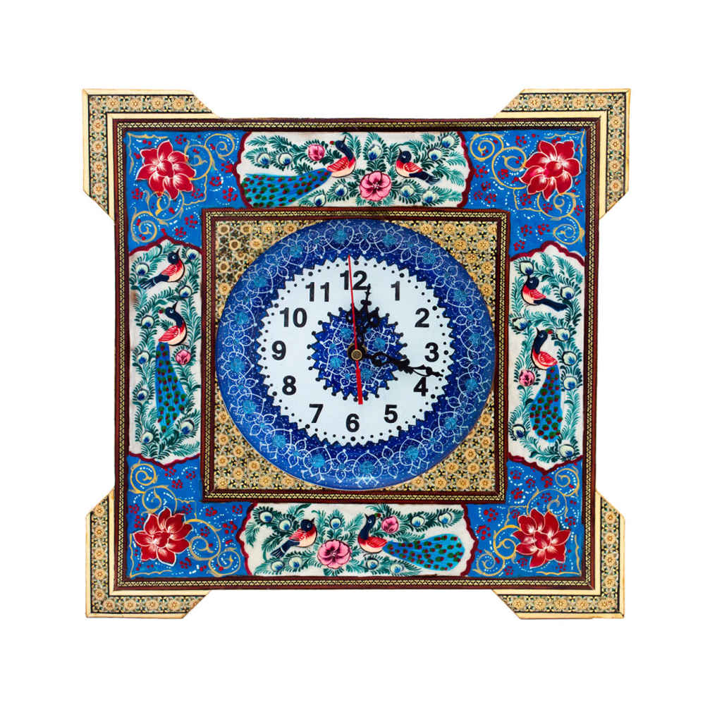 Horloge murale en bois persane artisanale - Art du marqueterie Khatam, Negin
