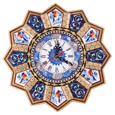 Horloge murale en bois persane artisanale – Art du marqueterie Khatam, Nil