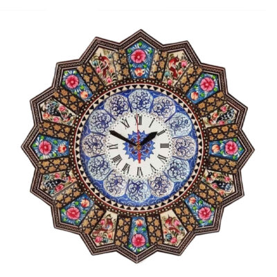 Horloge murale en bois persane artisanale – Art du marqueterie Khatam, Asieh