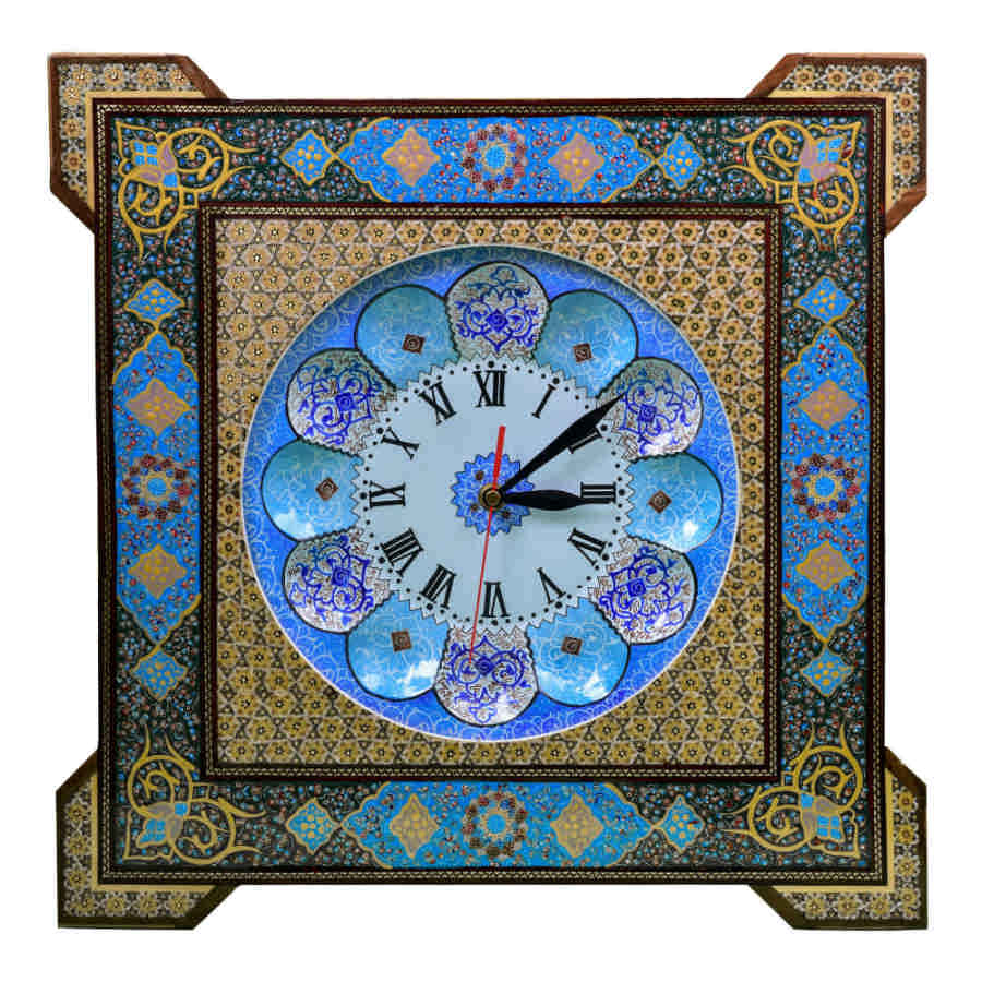 Horloge murale en bois persane artisanale - Art du marqueterie Khatam, Sana