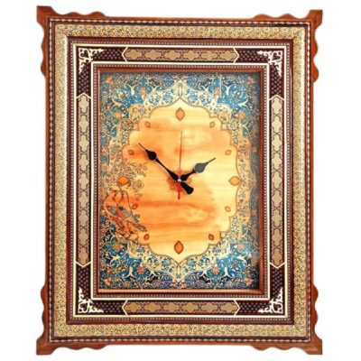 Horloge murale en bois persane artisanale – Art du marqueterie Khatam, Tazhib