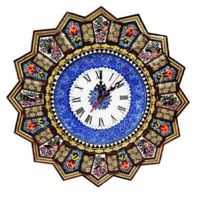 Horloge murale en bois persane artisanale – Art du marqueterie Khatam, Elika